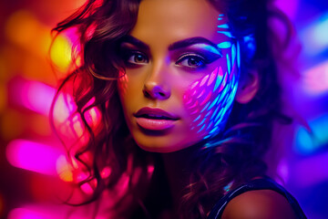 Beautiful young woman with bright makeup and bright lights.