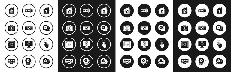 Set House under protection, Shield with brick wall, Laptop and lock, Check mark in speech bubble, Password, Fingerprint and Safe icon. Vector