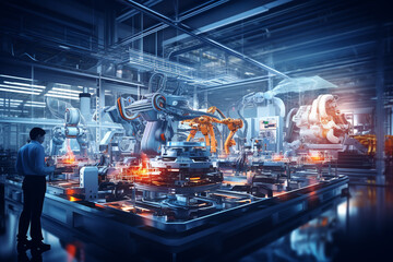 Industry 4.0 smart factory interior showcases advanced automation, machinery, and robotics in a futuristic industrial setting. - obrazy, fototapety, plakaty
