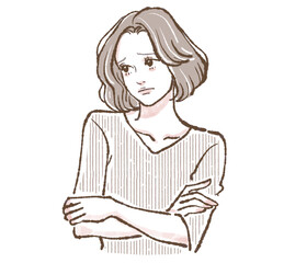 悩む/考える/うーん/落ち込む/腕を組む/不満/悲しい/しょんぼり/悩み/残念/どうしよう/凹む/悩み事/女性のイラスト素材（ベクター / jpg / png )