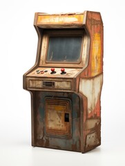 Retro rusty arcade game cabinet on white