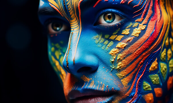 Close up of man with his face painted with multicolored.