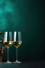 a minimalistic  sylvester green background two champagne glasses, with empty copy space, 