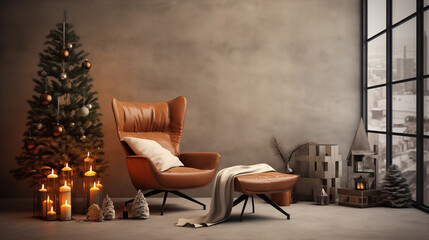 Christmas in a warm studio decorated with cement walls and a fireplace