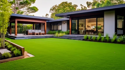 Foto auf Leinwand Contemporary lawn turf with landscaping in front yard. © leo_nik