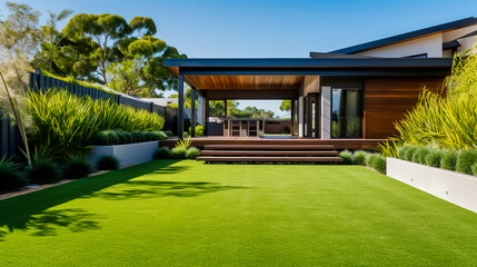 Contemporary lawn turf with landscaping in front yard.