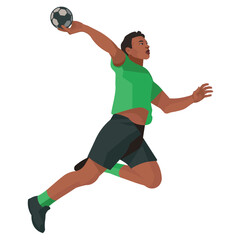 South African high-jumping professional handball player in a green sports uniform who flies in a jump and throws the ball 