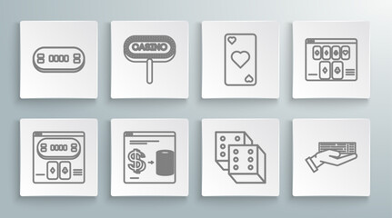 Set line Online poker table game, Casino signboard, casino chips exchange on stacks of dollars, Game dice, Hand holding deck playing cards, Playing with heart symbol, and Poker icon. Vector