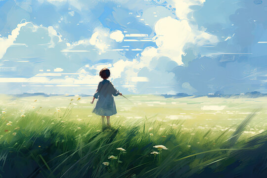  a portrait of a boy in a field looking up at the sun
