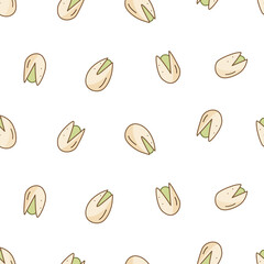 Seamless pattern pistachios icon cartoon doodle. Vector illustration background of snacks salted nuts in a shell.