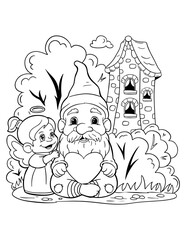 Valentine's Day outline illustration of an angel and gnome with a heart