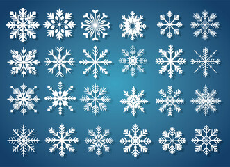 Big set of white snowflakes on a blue gradient background for winter design. Christmas and New Year elements concept. Vector snowflakes. Snowflakes in flat style. Holiday wallpaper.