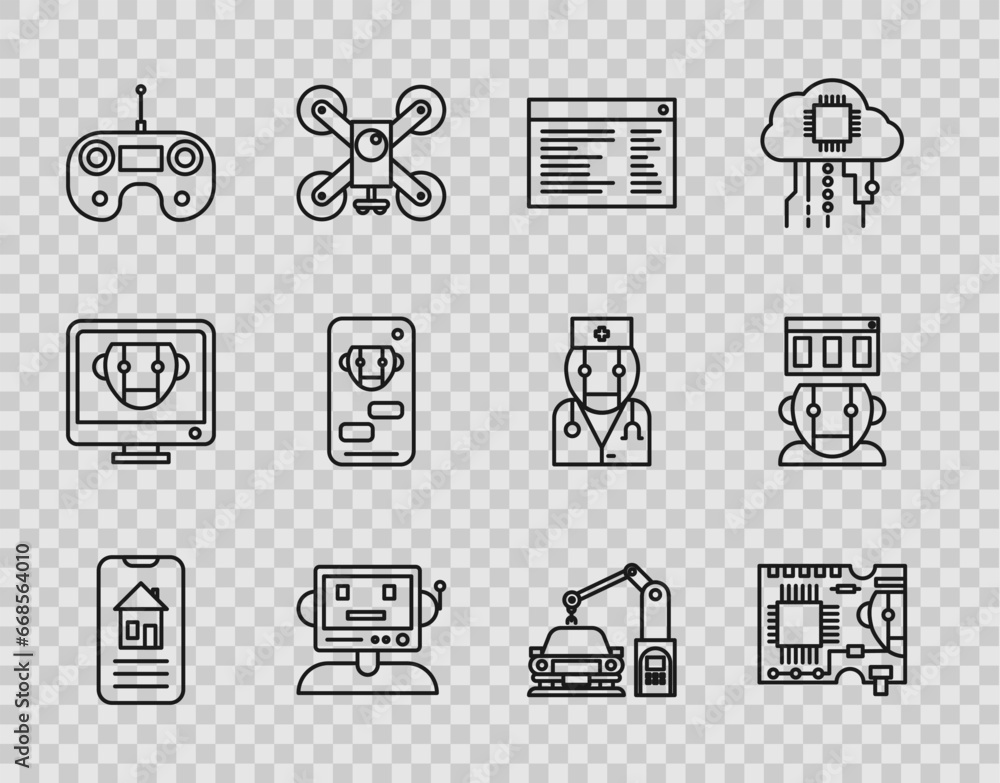 Poster set line smart home, printed circuit board pcb, software, web developer programming code, robot, rem
