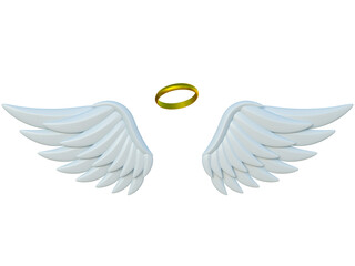 Angel wings and golden halo 3d rendering