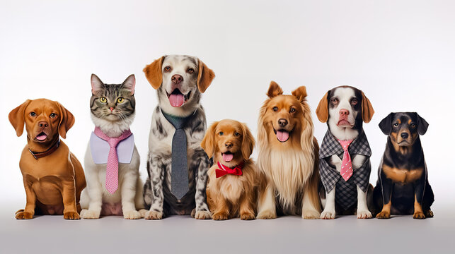 Group of cats and dogs in tie on white background.