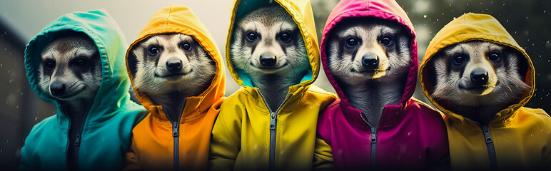 Group of meerkats wearing of colored coats and hoods. - obrazy, fototapety, plakaty