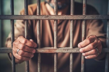 close up depth of field Man in prison his hands holding steel prison cage. criminals are locked in prison