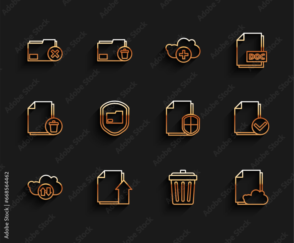 Poster set line cloud download and upload, upload file document, delete folder, trash can, storage text, do