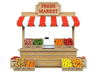 Food market kiosk, farmers shop, farm food stall, fruits and vegetables stand 3d rendering - obrazy, fototapety, plakaty