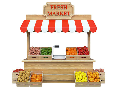 Food market kiosk, farmers shop, farm food stall, fruits and vegetables stand 3d rendering