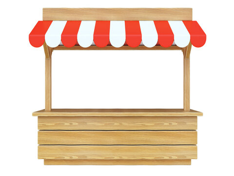 Market stall with striped red and white awning, wooden counter, kiosk, stand, 3d rendering
