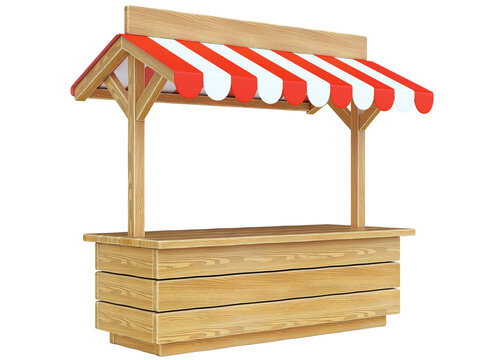 Market stall with striped red and white awning, wooden counter, kiosk, stand, 3d rendering