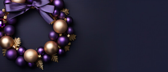 Fototapeta na wymiar minimalistic purple background with christmas wreath with empty copy space 