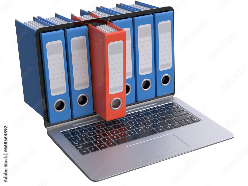 Poster file in database - laptop with ring binders 3d rendering