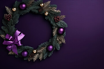 minimalistic purple background with christmas wreath with empty copy space 