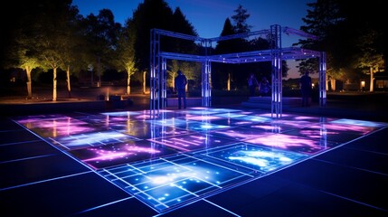 A contemporary outdoor dance floor with programmable LED lights and interactive displays.