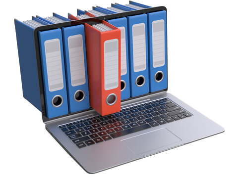 File in database - laptop with ring binders 3d rendering