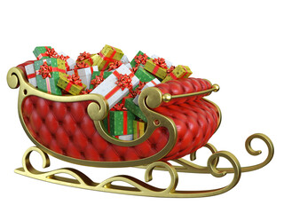 Christmas Santa sleigh full of gift boxes - red and golden sledge with presents 3d rendering