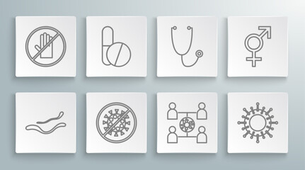 Set line Ebola virus disease, Medicine pill or tablet, Stop, Virus spread, Stethoscope, Gender and No handshake icon. Vector