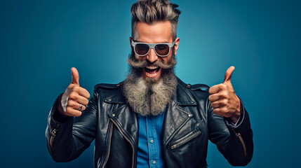 Fototapeta premium Man with beard gives thumbs up while standing against colored background.