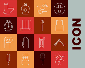 Set line Virus, Straight razor, Sleeveless T-shirt, Bar of soap, Towel stack, Perfume, Toilet bowl and Toothbrush icon. Vector