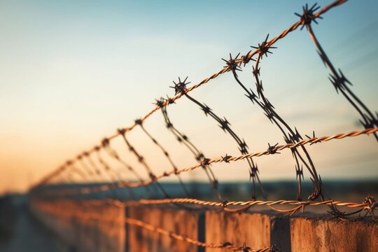 close up depth of field of barbed wire on prison fence