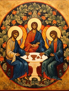 Orthodox icon The Old Testament Trinity style, oil illustration AI