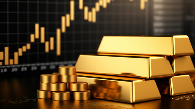A stack of gold bars placed on a stocks graph, indicating an investment in financial markets and potential profit.