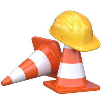 Under construction concept, traffic cones and hard hat, 3d rendering
