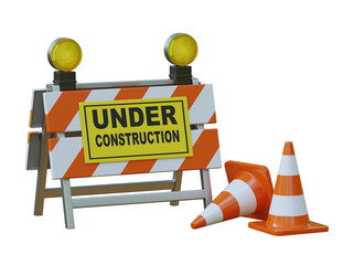 Under construction sign board and traffic cones, 3d rendering