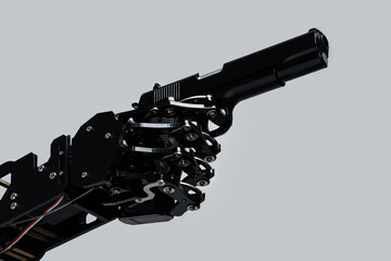 Real robot's hand with handgun. Concept of AI takeover and technological singularity