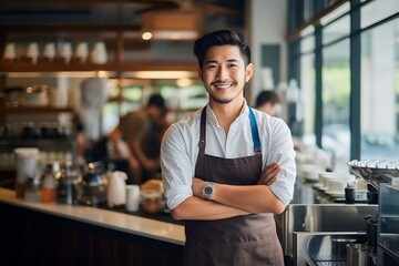 Confident asian men cafe owner standing at his coffee roastery - obrazy, fototapety, plakaty