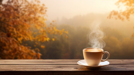 Wooden table top and cup of latte coffee, blurred autumn landscape as background