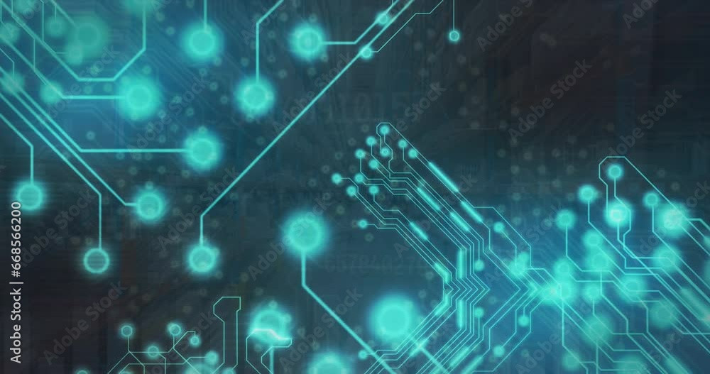 Poster animation of glowing green microprocessor connections against statistical data processing