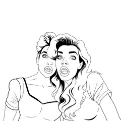 Two surprised and shocked young women with wide open eyes and mouthes, vector illustration in pop art comic style, black and white