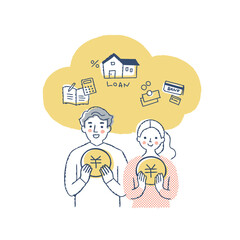 笑顔で¥のコインを持っている若いカップル