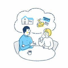 資産についてテーブルで話し合う若いカップル