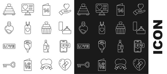 Set line Healed broken heart, Mobile with, Diamond engagement ring, Greeting card, Heart tag, Bottle love potion, Wedding cake and icon. Vector