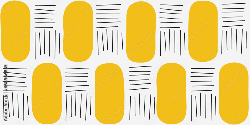 Poster Orange rectangles and sticks. Vector pattern of identical alternating shapes. Abstract vector texture of yellow spots and sticks.