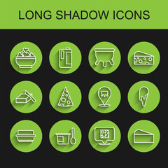 Set line Butter in a butter dish, Yogurt container with spoon, Cottage cheese, Cheese, Ice cream waffle cone and Udder icon. Vector